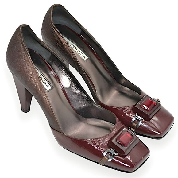 Via Spiga Patent Leather Copper Red Ruby Stone Dress Cone Pumps Heels 9 - Picture 1 of 10
